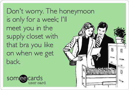 Don't worry. The honeymoon
is only for a week; I'll
meet you in the
supply closet with
that bra you like
on when we get
back.