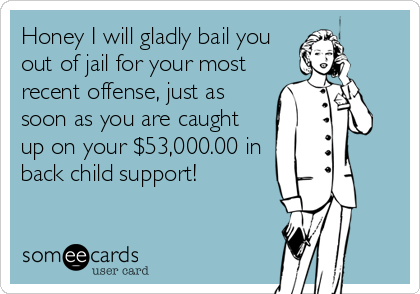 Honey I will gladly bail you
out of jail for your most
recent offense, just as
soon as you are caught
up on your $53,000.00 in
back child support!
