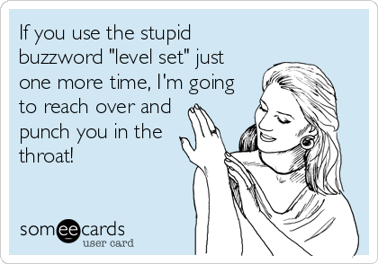 If you use the stupid
buzzword "level set" just
one more time, I'm going
to reach over and 
punch you in the
throat!