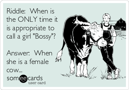 Riddle:  When is
the ONLY time it
is appropriate to
call a girl "Bossy"?

Answer:  When
she is a female
cow...