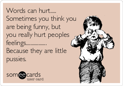 Words can hurt.....
Sometimes you think you
are being funny, but
you really hurt peoples
feelings.................
Because they are little
pussies.