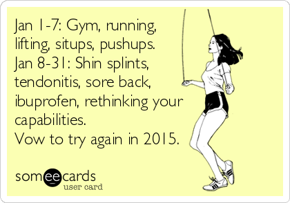 Jan 1-7: Gym, running, 
lifting, situps, pushups.
Jan 8-31: Shin splints,
tendonitis, sore back,
ibuprofen, rethinking your 
capabilities.
Vow to try again in 2015.