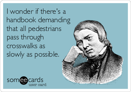 I wonder if there's a
handbook demanding
that all pedestrians
pass through
crosswalks as
slowly as possible.