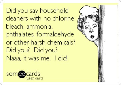 Did you say household
cleaners with no chlorine 
bleach, ammonia, 
phthalates, formaldehyde 
or other harsh chemicals? 
Did you?  Did you?
Naaa, it was me.  I did!