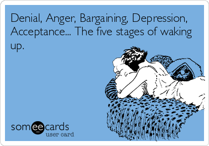 Denial, Anger, Bargaining, Depression,
Acceptance... The five stages of waking
up.