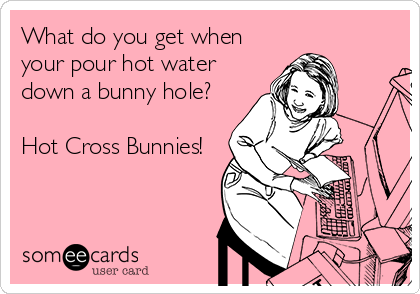 What do you get when
your pour hot water
down a bunny hole?

Hot Cross Bunnies!