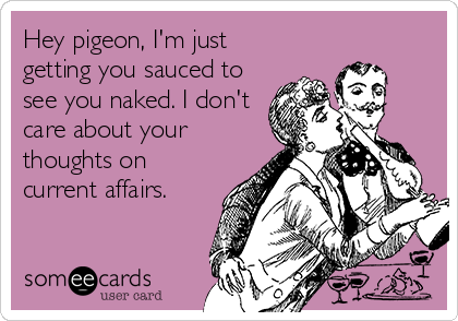 Hey pigeon, I'm just
getting you sauced to
see you naked. I don't
care about your
thoughts on
current affairs.