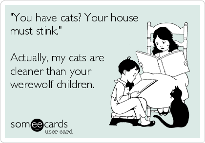 "You have cats? Your house
must stink."

Actually, my cats are
cleaner than your
werewolf children.