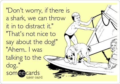"Don't worry, if there is
a shark, we can throw
it in to distract it." 
"That's not nice to
say about the dog!"
"Ahem.. I was
talking to the
dog.."