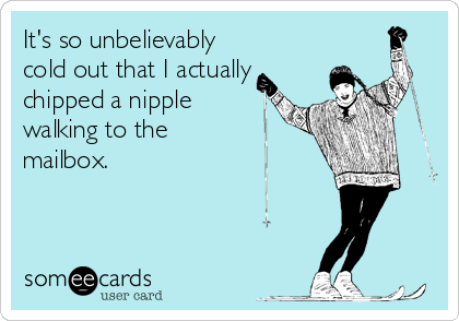 It's so unbelievably
cold out that I actually
chipped a nipple
walking to the
mailbox.