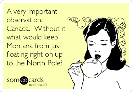 A very important
observation. 
Canada.  Without it,
what would keep
Montana from just
floating right on up
to the North Pole?