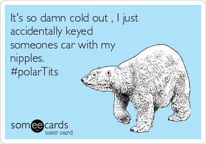 It's so damn cold out , I just 
accidentally keyed
someones car with my
nipples. 
#polarTits