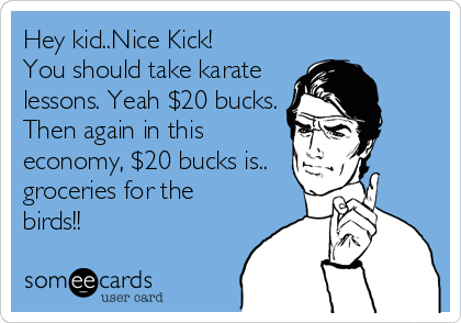 Hey kid..Nice Kick!
You should take karate
lessons. Yeah $20 bucks.
Then again in this
economy, $20 bucks is..
groceries for the
birds!!