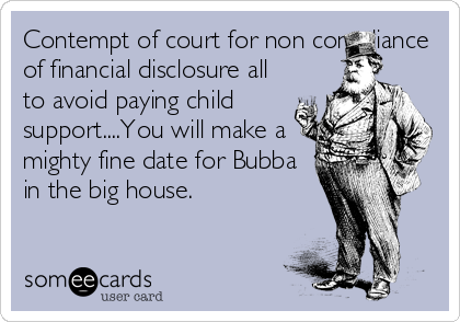 Contempt of court for non compliance
of financial disclosure all
to avoid paying child
support....You will make a
mighty fine date for Bubba
in the big house.