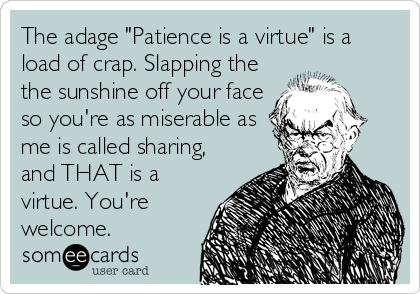 The adage "Patience is a virtue" is a
load of crap. Slapping the
the sunshine off your face
so you're as miserable as
me is called sharing,
and THAT is a
virtue. You're
welcome.