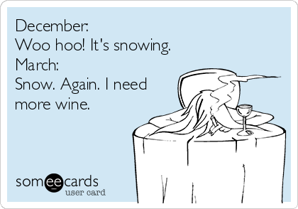 December: 
Woo hoo! It's snowing.
March:
Snow. Again. I need
more wine.