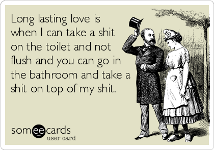 Long lasting love is
when I can take a shit
on the toilet and not
flush and you can go in
the bathroom and take a
shit on top of my shit.