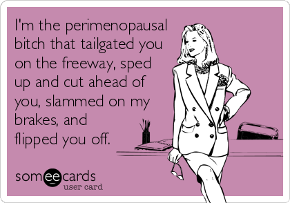 I'm the perimenopausal
bitch that tailgated you
on the freeway, sped
up and cut ahead of
you, slammed on my
brakes, and
flipped you off.