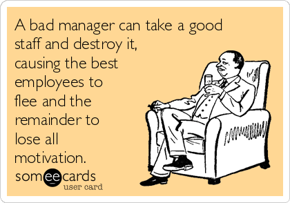 A bad manager can take a good
staff and destroy it,
causing the best
employees to
flee and the
remainder to
lose all
motivation.