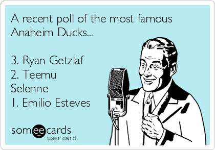 A recent poll of the most famous
Anaheim Ducks...

3. Ryan Getzlaf
2. Teemu
Selenne
1. Emilio Esteves