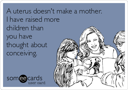A uterus doesn't make a mother.  
I have raised more
children than
you have
thought about
conceiving.