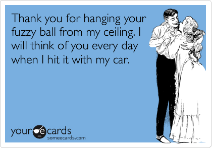 Thank you for hanging yourfuzzy ball from my ceiling. Iwill think of you every daywhen I hit it with my car.