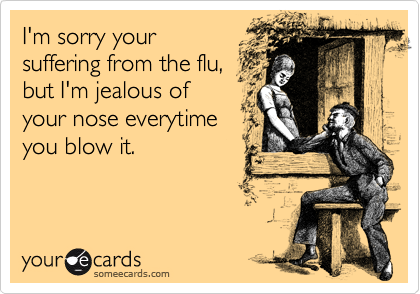 I'm sorry your
suffering from the flu,
but I'm jealous of
your nose everytime
you blow it.