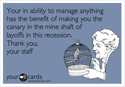 Your in ability to manage anything has the benefit of making you the canary in the mine shaft of
layoffs in this recession.
Thank you,
your staff