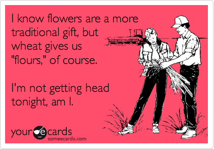 I know flowers are a more
traditional gift, but
wheat gives us 
"flours," of course.

I'm not getting head
tonight, am I.