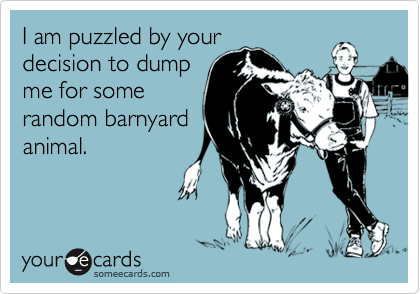I am puzzled by your
decision to dump
me for some
random barnyard
animal.