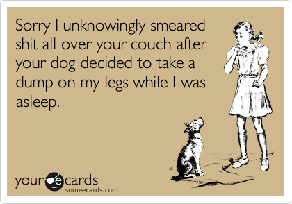 Sorry I unknowingly smeared
shit all over your couch after
your dog decided to take a 
dump on my legs while I was
asleep.

