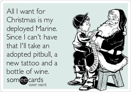 All I want for
Christmas is my
deployed Marine.
Since I can't have
that I'll take an
adopted pitbull, a
new tattoo and a
bottle of wine. 