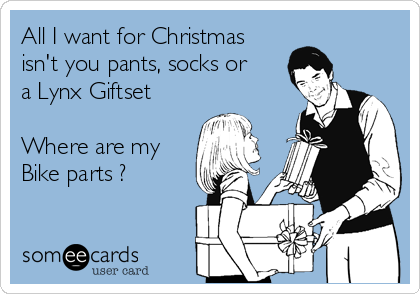 All I want for Christmas
isn't you pants, socks or
a Lynx Giftset

Where are my
Bike parts ?