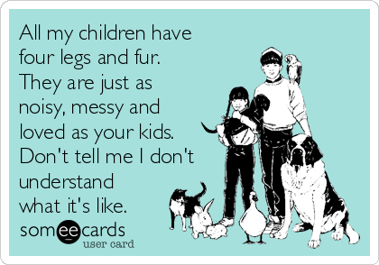 All my children have
four legs and fur.
They are just as
noisy, messy and
loved as your kids.
Don't tell me I don't
understand
what it's like.