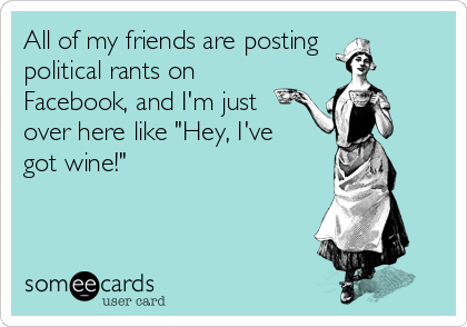 All of my friends are posting
political rants on
Facebook, and I'm just
over here like "Hey, I've
got wine!"