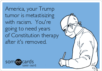 America, your Trump
tumor is metastisizing
with racism.  You're
going to need years 
of Constitution therapy
after it's removed. 