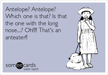 Antelope? Antelope?
Which one is that? Is that
the one with the long
nose....? Oh!!!! That's an 
anteater!! 