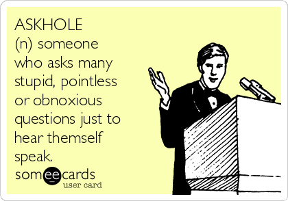 ASKHOLE
(n) someone
who asks many
stupid, pointless
or obnoxious
questions just to
hear themself
speak.