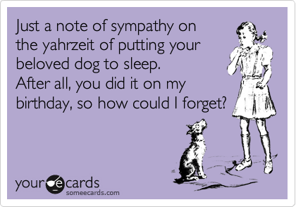 Just a note of sympathy on
the yahrzeit of putting your
beloved dog to sleep.  
After all, you did it on my
birthday, so how could I forget?