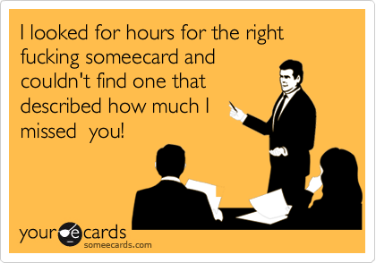 I looked for hours for the right fucking someecard and
couldn't find one that
described how much I
missed  you!