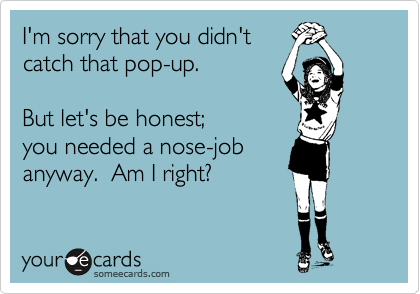 I'm sorry that you didn't
catch that pop-up.

But let's be honest;
you needed a nose-job
anyway.  Am I right?