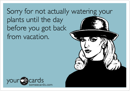 Sorry for not actually watering your plants until the day
before you got back
from vacation.