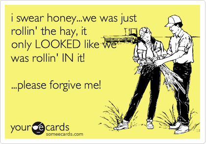 i swear honey...we was justrollin' the hay, itonly LOOKED like wewas rollin' IN it!...please forgive me!