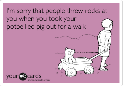 I'm sorry that people threw rocks at you when you took your
potbellied pig out for a walk