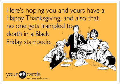 Here's hoping you and yours have a Happy Thanksgiving, and also that no one gets trampled to
death in a Black
Friday stampede.