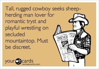 Tall, rugged cowboy seeks sheep- herding man lover for
romantic tryst and
playful wrestling on
secluded
mountaintop. Must
be discreet.  