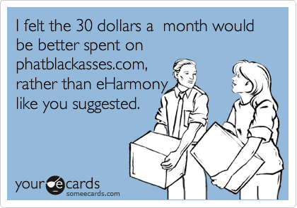 I felt the 30 dollars a  month would be better spent on phatblackasses.com, rather than eHarmonylike you suggested.