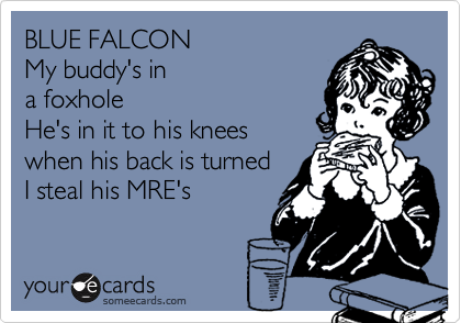 BLUE FALCON
My buddy's in
a foxhole
He's in it to his knees
when his back is turned
I steal his MRE's