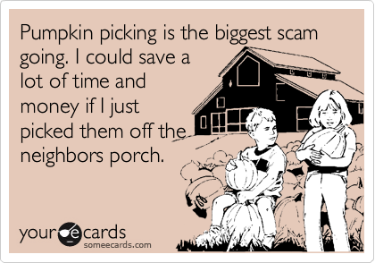 Pumpkin picking is the biggest scam going. I could save a
lot of time and
money if I just
picked them off the
neighbors porch.
