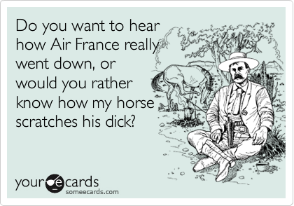Do you want to hear
how Air France really
went down, or
would you rather
know how my horse
scratches his dick?